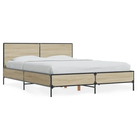 Sonoma oak metal engineered wood bed frame 135x190 cm by vidaXL, Beds and slatted bases - Ref: Foro24-3280028, Price: 145,37 ...