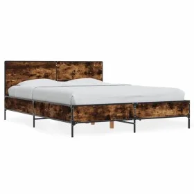 Engineered wood bed frame metal smoked oak 135x190cm by vidaXL, Beds and slatted bases - Ref: Foro24-3280029, Price: 145,37 €...