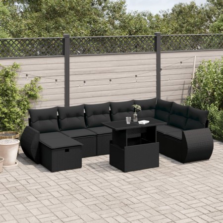 Set de sofás de jardín 8 piezas y cojines ratán sintético negro