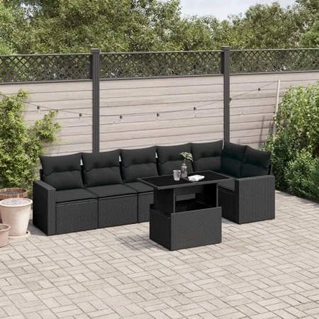 7-teiliges Gartensofa-Set mit schwarzen synthetischen Rattankissen von vidaXL, Gartensets - Ref: Foro24-3267285, Preis: 508,2...