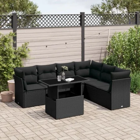 7-teiliges Gartensofa-Set mit schwarzen synthetischen Rattankissen von vidaXL, Gartensets - Ref: Foro24-3266605, Preis: 505,1...