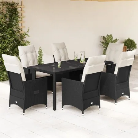7-teiliges Garten-Essset und schwarze Kissen aus synthetischem Rattan von vidaXL, Gartensets - Ref: Foro24-3276697, Preis: 77...