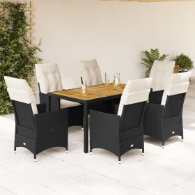 Set de comedor de jardín 7 pzas y cojines ratán sintético negro