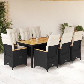 Set de comedor de jardín 9 pzas y cojines ratán sintético negro