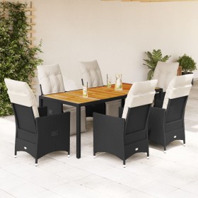 Set de comedor de jardín 7 pzas y cojines ratán sintético negro