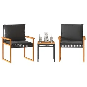 Mesita y sillas con cojines 3 pzas ratán PE madera acacia negro by vidaXL, Garden sets - Ref: Foro24-365860, Price: 153,69 €,...
