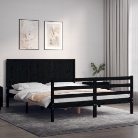 Estructura cama de matrimonio con cabecero madera maciza negro