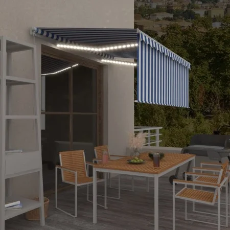 Manual retractable awning with blind and blue and white LED 3x2.5 m by vidaXL, Awnings - Ref: Foro24-3069281, Price: 308,13 €...