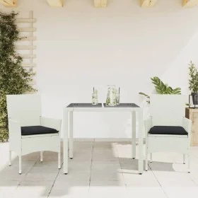 Garten-Essgruppe, 3-teilig, mit synthetischem Rattan, weißen Kissen und Glasplatte. von , Gartensets - Ref: Foro24-3278579, P...