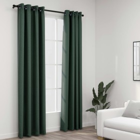 Cortinas opacas con ojales look de lino 2 pzas verde 140x245 cm