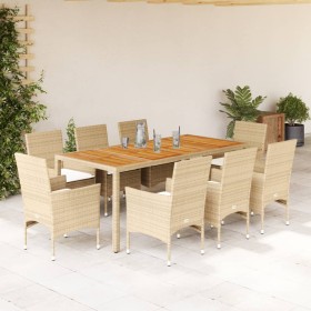9-teiliges Garten-Essset mit beigen Akazien-PE-Rattankissen von , Gartensets - Ref: Foro24-3278686, Preis: 703,66 €, Rabatt: %