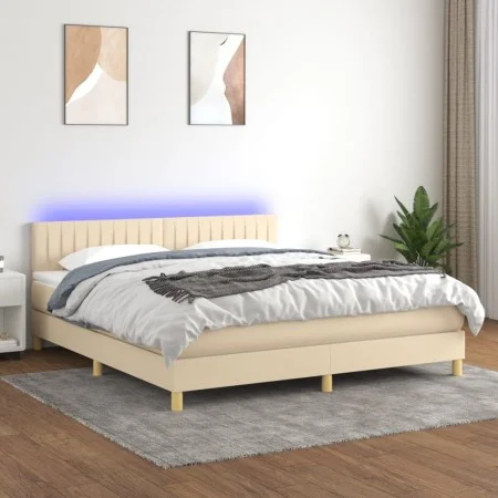 Box spring bed with mattress and LED cream fabric 180x200 cm by , Beds and slatted bases - Ref: Foro24-3133898, Price: 572,05...
