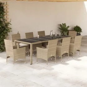 Set comedor jardín 9 pzas cojines ratán sintético vidrio beige by , Garden sets - Ref: Foro24-3278595, Price: 736,38 €, Disco...