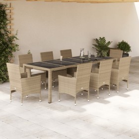Set comedor jardín 9 pzas cojines ratán sintético vidrio beige by , Garden sets - Ref: Foro24-3278595, Price: 693,51 €, Disco...