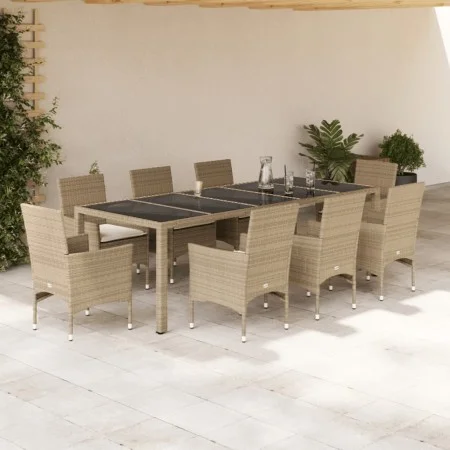 Set comedor jardín 9 pzas cojines ratán sintético vidrio beige by , Garden sets - Ref: Foro24-3278595, Price: 736,38 €, Disco...