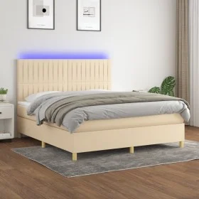 Box spring bed mattress and LED lights cream fabric 180x200 cm by , Beds and slatted bases - Ref: Foro24-3135618, Price: 644,...
