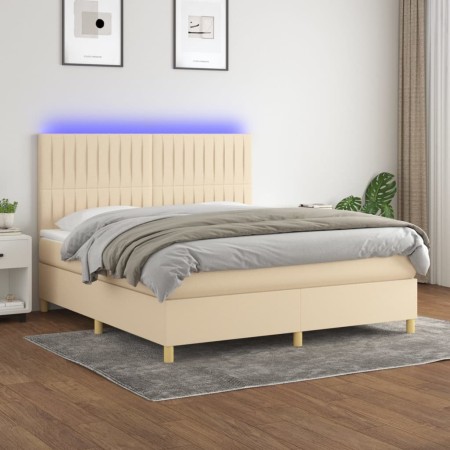 Box spring bed mattress and LED lights cream fabric 180x200 cm by , Beds and slatted bases - Ref: Foro24-3135618, Price: 663,...