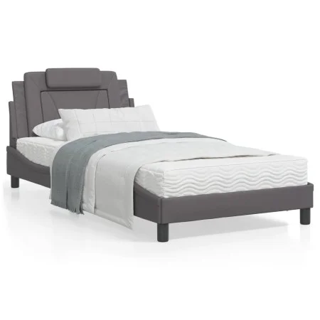 Bed frame with headboard gray synthetic leather 100x200 cm by , Beds and slatted bases - Ref: Foro24-3208078, Price: 148,23 €...
