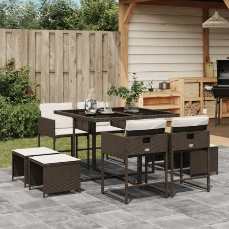 Set comedor para jardín 9 pzas y cojines ratán sintético marrón de , Conjuntos de jardín - Ref: Foro24-3278084, Precio: 402,2...