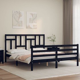 Estructura cama de matrimonio con cabecero madera maciza negro