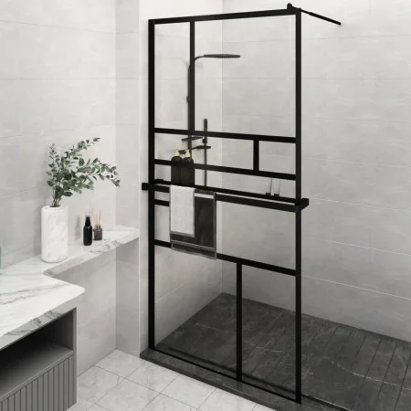 Mampara ducha con estante vidrio ESG y aluminio negro 115x195cm de , Paredes y mamparas de ducha - Ref: Foro24-3185481, Preci...