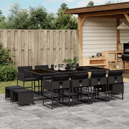 Set comedor de jardín con cojines 13 pzas ratán sintético negro
