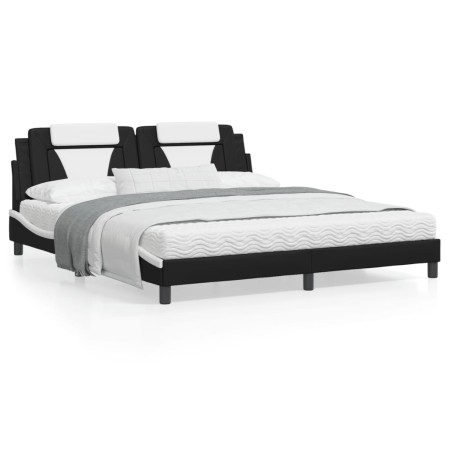 Bed frame with black and white synthetic leather headboard by , Beds and slatted bases - Ref: Foro24-3208115, Price: 236,40 €...