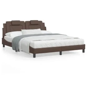 Bed frame with LED lights, brown PE leather, 160x200 cm. by , Beds and slatted bases - Ref: Foro24-3214031, Price: 248,32 €, ...