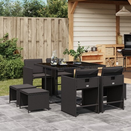 Set de comedor de jardín 9 pzas y cojines ratán sintético negro