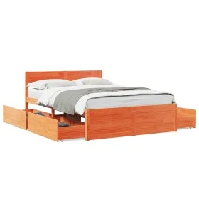 Bed frame with pine wood drawers, brown wax finish, 120x200 cm. by , Beds and slatted bases - Ref: Foro24-3282353, Price: 281...