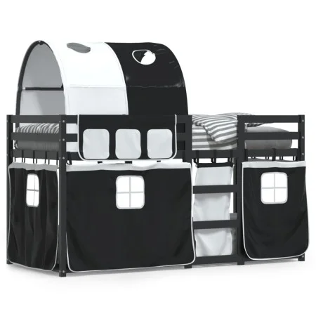 Bunk bed with solid pine wood curtains in white and black, 90x190 cm. by , Beds and slatted bases - Ref: Foro24-3283973, Pric...