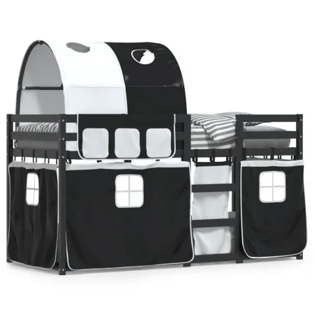 Bunk bed with curtains solid pine wood black and white 90x200 cm by , Beds and slatted bases - Ref: Foro24-3283958, Price: 30...