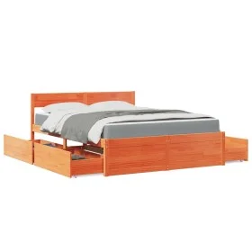 Bed with drawers and mattress solid wood brown pine 140x200 cm by , Beds and slatted bases - Ref: Foro24-3281900, Price: 471,...