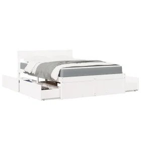 Bed with drawers and mattress white pine solid wood 120x200 cm by , Beds and slatted bases - Ref: Foro24-3281902, Price: 478,...