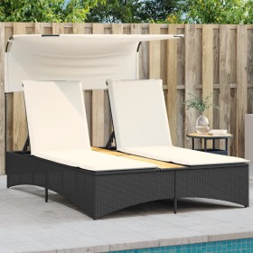 Tumbona doble con capota y cojines ratán sintético negro de , Tumbonas - Ref: Foro24-365621, Precio: 264,52 €, Descuento: %