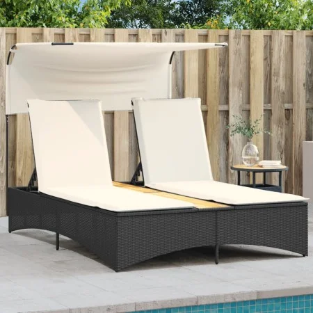 Tumbona doble con capota y cojines ratán sintético negro by , Loungers - Ref: Foro24-365621, Price: 292,48 €, Discount: %