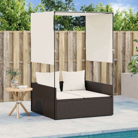 Tumbona doble con techo y cortinas ratán sintético marrón by , Loungers - Ref: Foro24-4002756, Price: 233,72 €, Discount: %