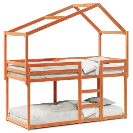 Bunk bed with solid pine wood roof in brown wax, 90x190 cm. by , Beds and slatted bases - Ref: Foro24-3282046, Price: 227,93 ...