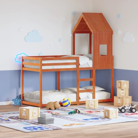 Cama litera con techo madera maciza pino marrón 80x200 cm de , Camas y somieres - Ref: Foro24-3281996, Precio: 242,23 €, Desc...