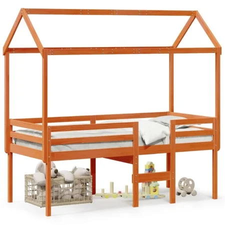 High bed with solid pine wood roof in brown wax 90x200 cm by , Beds and slatted bases - Ref: Foro24-3282134, Price: 241,02 €,...