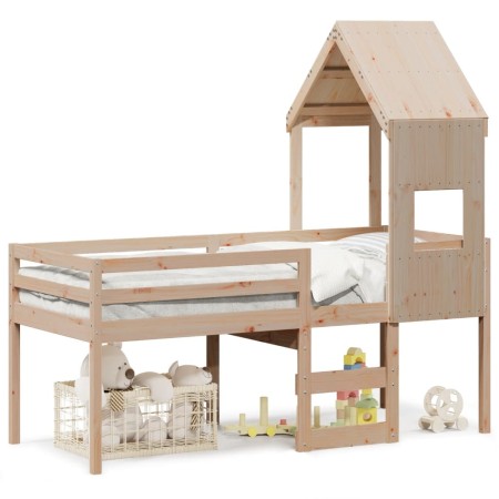 Cama alta con techo madera maciza de pino marrón cera 75x190 cm de , Camas y somieres - Ref: Foro24-3282019, Precio: 195,39 €...