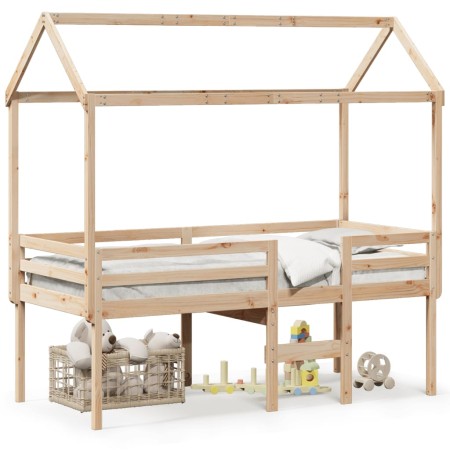 Cama alta con techo madera maciza de pino marrón cera 75x190 cm de , Camas y somieres - Ref: Foro24-3282141, Precio: 200,24 €...