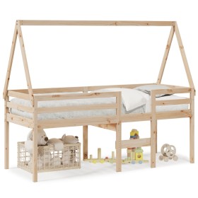 High bed with solid pine wood roof in brown wax 75x190 cm by , Beds and slatted bases - Ref: Foro24-3282101, Price: 156,92 €,...