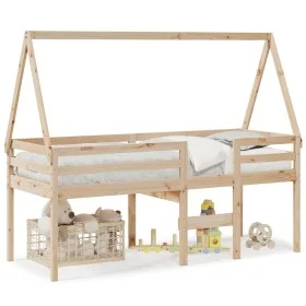 High bed with solid pine wood roof in brown wax 75x190 cm by , Beds and slatted bases - Ref: Foro24-3282101, Price: 164,84 €,...