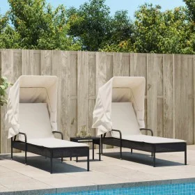 2 synthetic rattan sun loungers with canopy and table in black. by , Loungers - Ref: Foro24-3261569, Price: 389,15 €, Discoun...