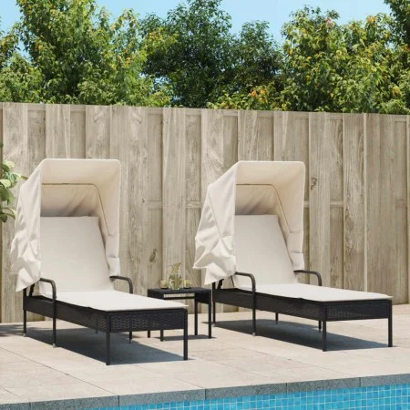 2 synthetic rattan sun loungers with canopy and table in black. by , Loungers - Ref: Foro24-3261569, Price: 389,15 €, Discoun...
