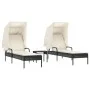 2 synthetic rattan sun loungers with canopy and table in black. by , Loungers - Ref: Foro24-3261569, Price: 389,15 €, Discoun...