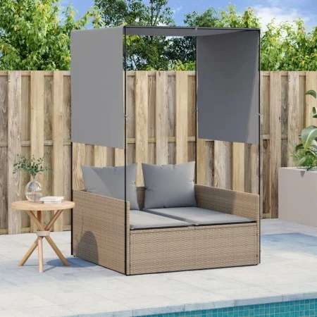 Double sun lounger with roof and beige synthetic rattan curtains by , Loungers - Ref: Foro24-4002758, Price: 229,68 €, Discou...