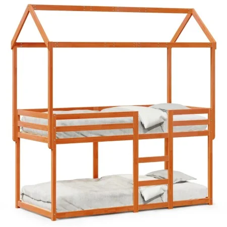 Bunk bed with solid pine wood roof in brown wax, 75x190 cm. by , Beds and slatted bases - Ref: Foro24-3282131, Price: 243,44 ...