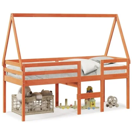 Cama alta con techo madera maciza de pino marrón cera 80x200 cm de , Camas y somieres - Ref: Foro24-3282097, Precio: 184,31 €...